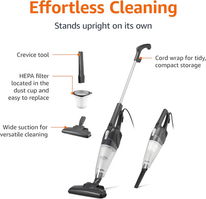 Amazon Basics 2-in-1 Corded Stick Vacuum Cleaner, Convertible to Handheld, Lightweight (3.9 LBS), with Washable HEPA Filter, Crevice Tools, 0.5L Dust Cup, 19.7-Ft Cord, 300W, Black