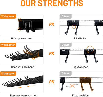 Wallmaster Garage Storage Organization Wall Mount, Garden Tool Rack Organizer Heavy Duty Folding Chair Hangers with 6 Adjustable Hooks 48inch Tracks Max Load 450lb