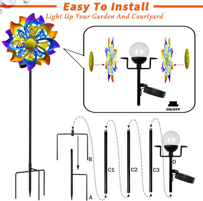 60 Inch Solar Wind Spinner Outdoor - Double-Sided Rotating Colorful Kinetic Wind Spinners for Garden, Yard Decorations Outdoor,Metal Wind Sculptures & Spinners, Wind Art