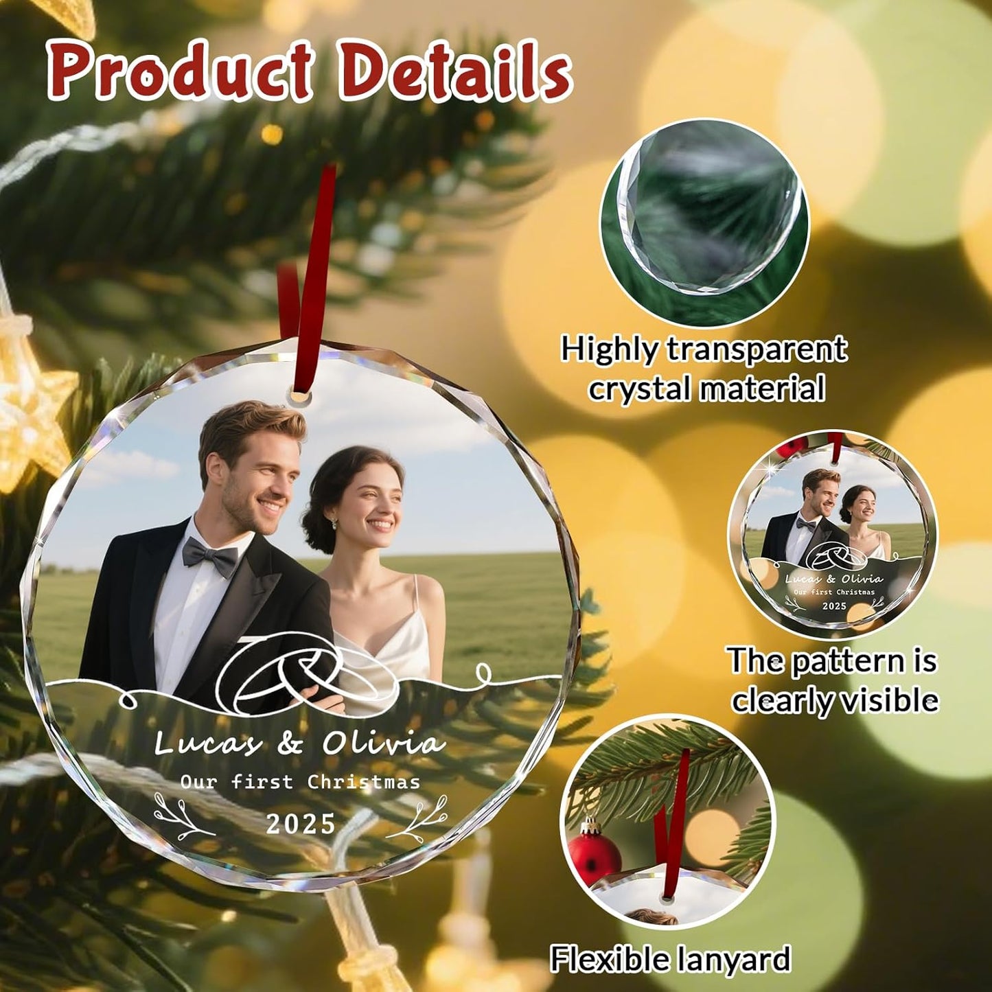 Custom Christmas Ornament Glass-Personalized Christmas Ornaments with Photo/Name/Date/Text,Wedding Christmas Birthday Baby Gifts (Color 3)