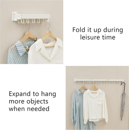 Clothes Drying Rack Wall Mounted, Laundry Drying Rack Collapsible, Space Saving Wall Drying Rack Clothing Foldable, Tri-Fold Retractable Rack Outdoor Indoor with 18 Hooks(White，Loop-Shape Hooks)