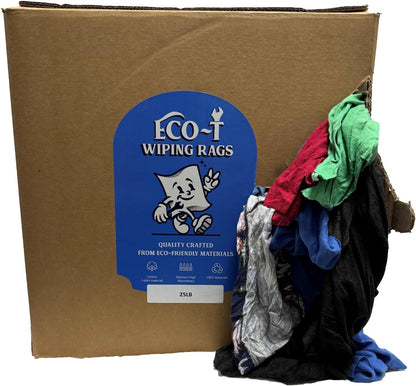 25 Lb Box Eco-T Mechanic Shop Rags - Colored T-Shirt Material, 100% Recycled, Eco-Friendly, High Absorbency, Low Lint, Low-Cost, Industrial Use Wiping Cloth