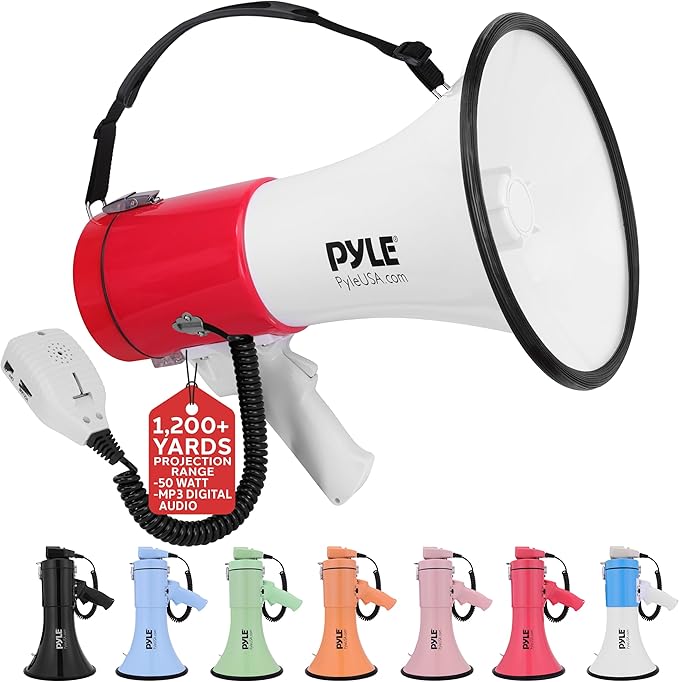 Pyle 50W Megaphone Bullhorn - Portable, Automatic Siren & Adjustable Volume, Projection Range Up to 1200 Square Yards, Aux Input, Talk, Siren, Music, Whistle, & Record, Shoulder Strap (Black)