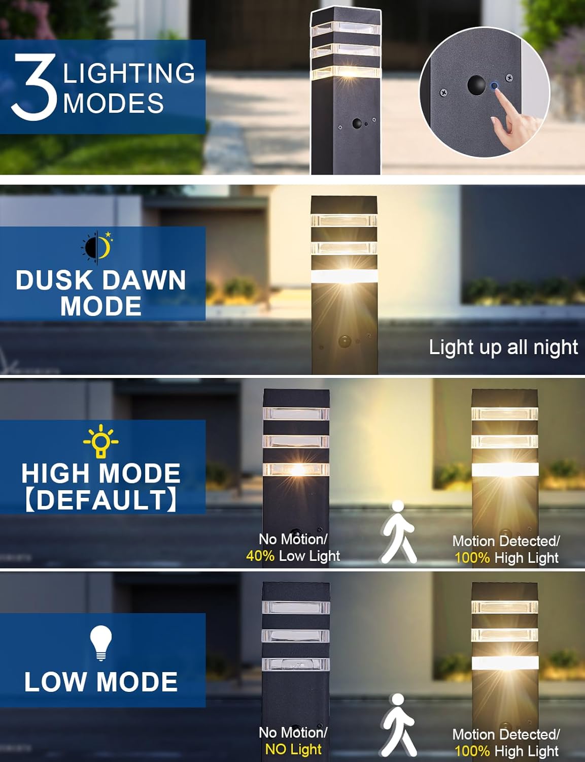 2Pack Motion Sensor Outdoor Floor Lamps Pathway Lights Dusk to Dawn Exterior Pillar Lamps Black Aluminum Poles Lights for Outside, Modern Landscape Path Lamp for Patio, Yard, Garden, Pathway, Driveway