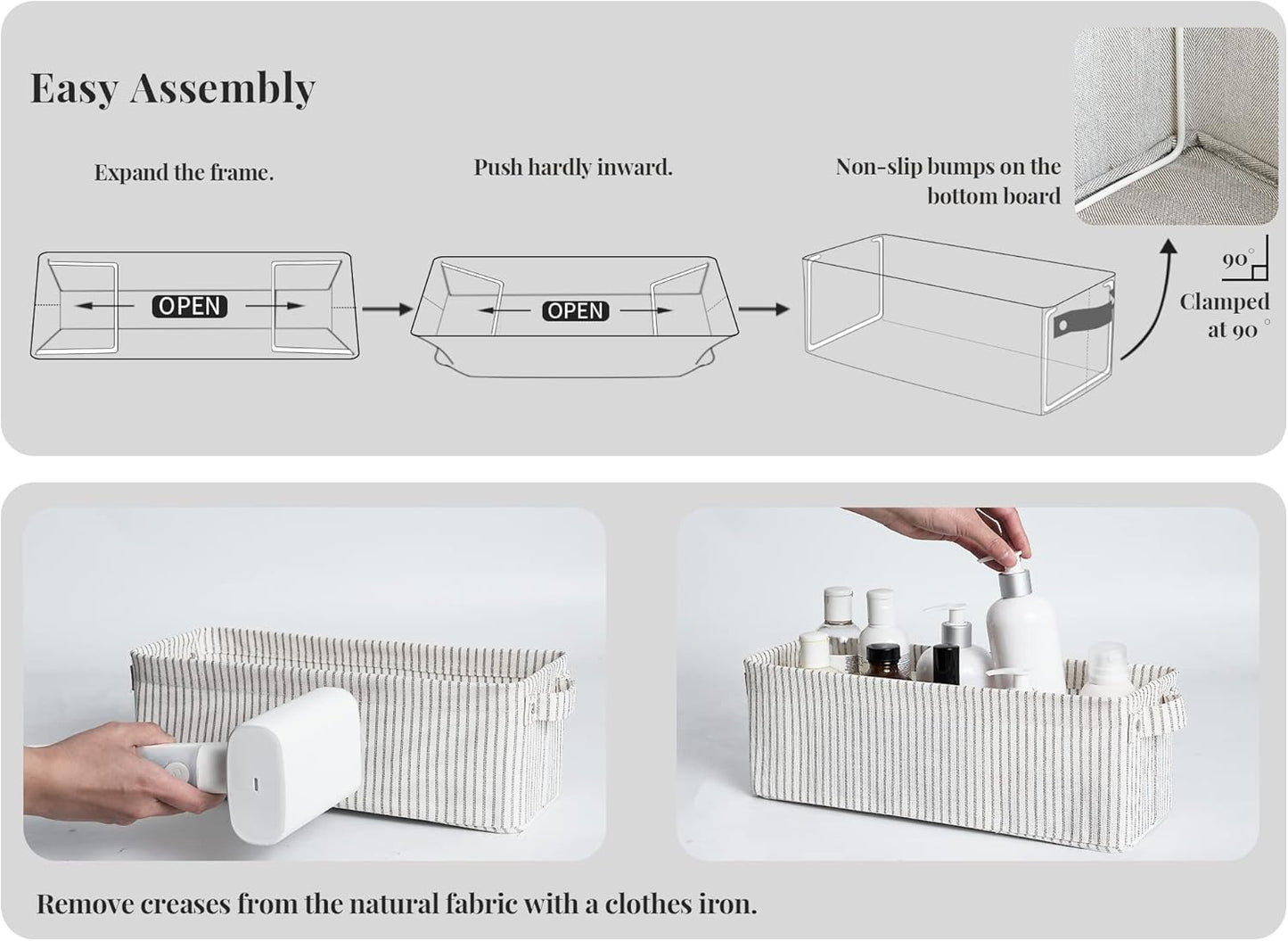 StorageWorks Narrow Storage Bins, Small Basket for Closet and Shelves, Fabric Organizer with Handles, Toilet Paper Storage, Gray and White Stripes, 2-Pack