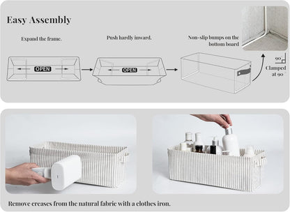 StorageWorks Narrow Storage Bins, Small Basket for Closet and Shelves, Fabric Organizer with Handles, Toilet Paper Storage, Gray and White Stripes, 2-Pack