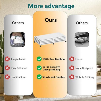 Bamboo Under Bed Storage Containers- Underbed Organizer with Wheels with Large Dust Bag,Sturdy Wood Rolling Under the Bed Shoe Storage Organizer Drawer 2 Packs (White, Long)