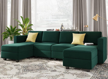 Belffin Modular Sectional Sofa Oversized U Shaped Sectional Couch with Reversible Chaise Velvet Modular U Shape Sofa with Storage Seat Green
