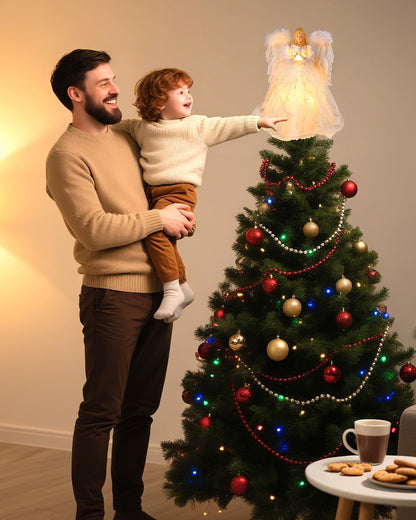 Christmas Tree Topper Angel with Lights, Xmas Tree Toppers Decorations Ornament with White Feather Wings, Plug in Christmas Tree Angel Treetop for Indoor Office Holiday
