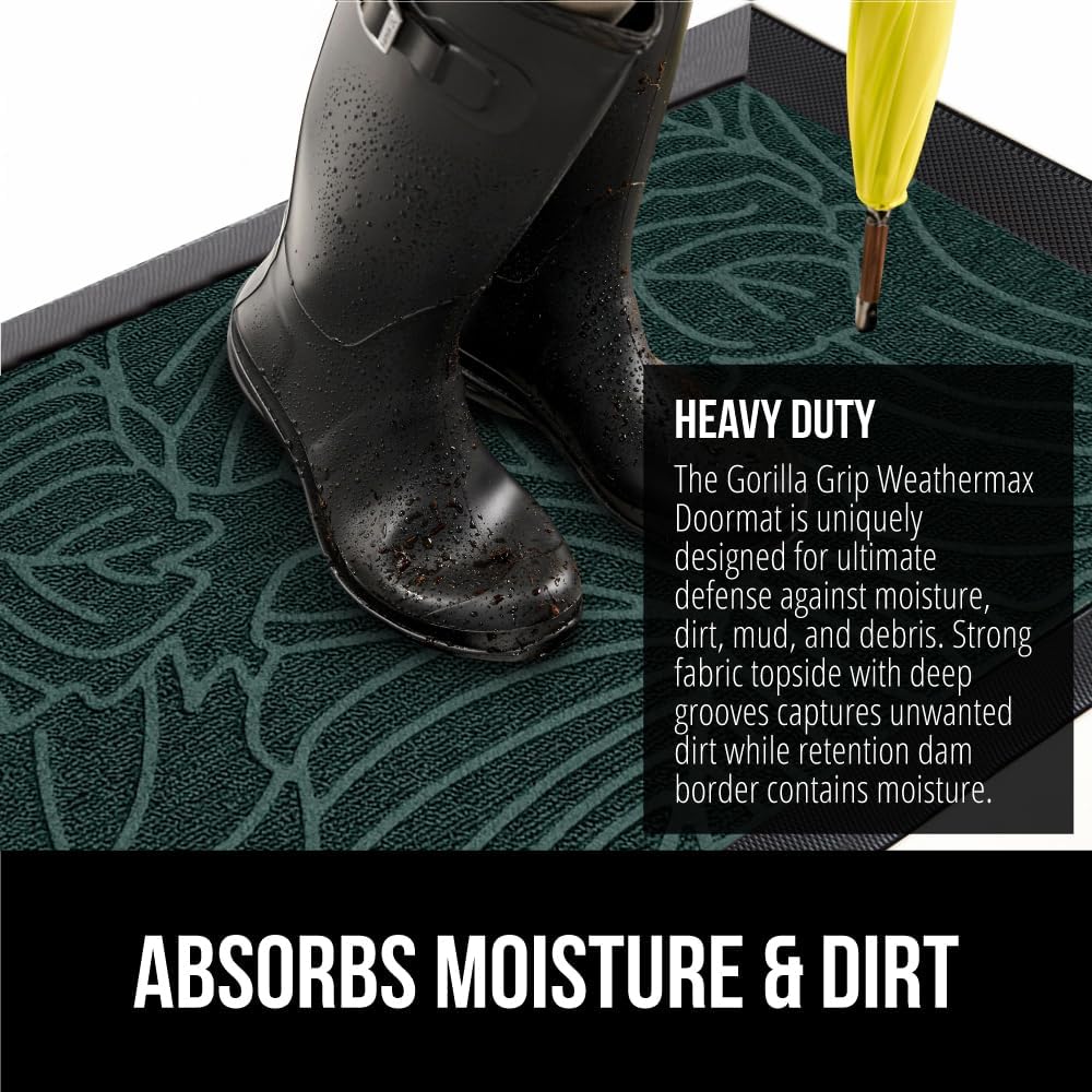 GORILLA GRIP 100% Waterproof All-Season WeatherMax Doormat 35x23, US Designed Natural Rubber, Stain and Fade Resistant, Low Profile Indoor Outdoor Door Mats, Easy Clean Patio Mat, Green Palm