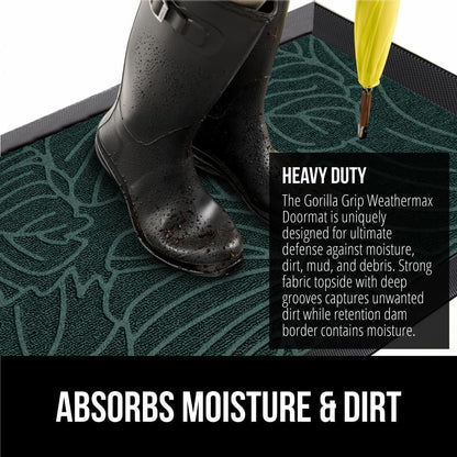 GORILLA GRIP 100% Waterproof All-Season WeatherMax Doormat 35x23, US Designed Natural Rubber, Stain and Fade Resistant, Low Profile Indoor Outdoor Door Mats, Easy Clean Patio Mat, Green Palm