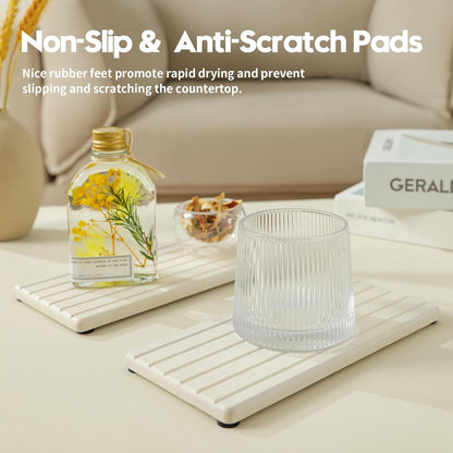 2 Pack Greige Bathroom Sink Vanity Trays, Diatomite Stone Kitchen Counter Caddy Dish Soap Dispenser Sponge Holder, Water Absorbing Mat Organizer for Plant,Cosmetic Bottle, Beige, 8"x3.8"