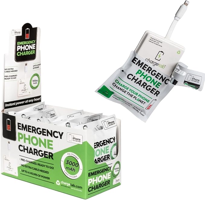 ChargeTab Emergency Portable Charger Compatible with iPhone—10 Pack Lightning Pre-Charged 3000mAh Power Packs, Slim & Lightweight with 2-Year Shelf Life, iPhone 14 and Older Models