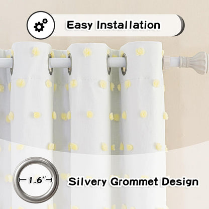 MYSKY HOME 100% Blackout Curtains for Nursery Thermal Insulated Yellow Pom Pom Curtains 63 Inch Length for Girls Bedroom 2 Panels Grommet White Sheer Curtains for Kitchen Dining Room, 52W x 63L