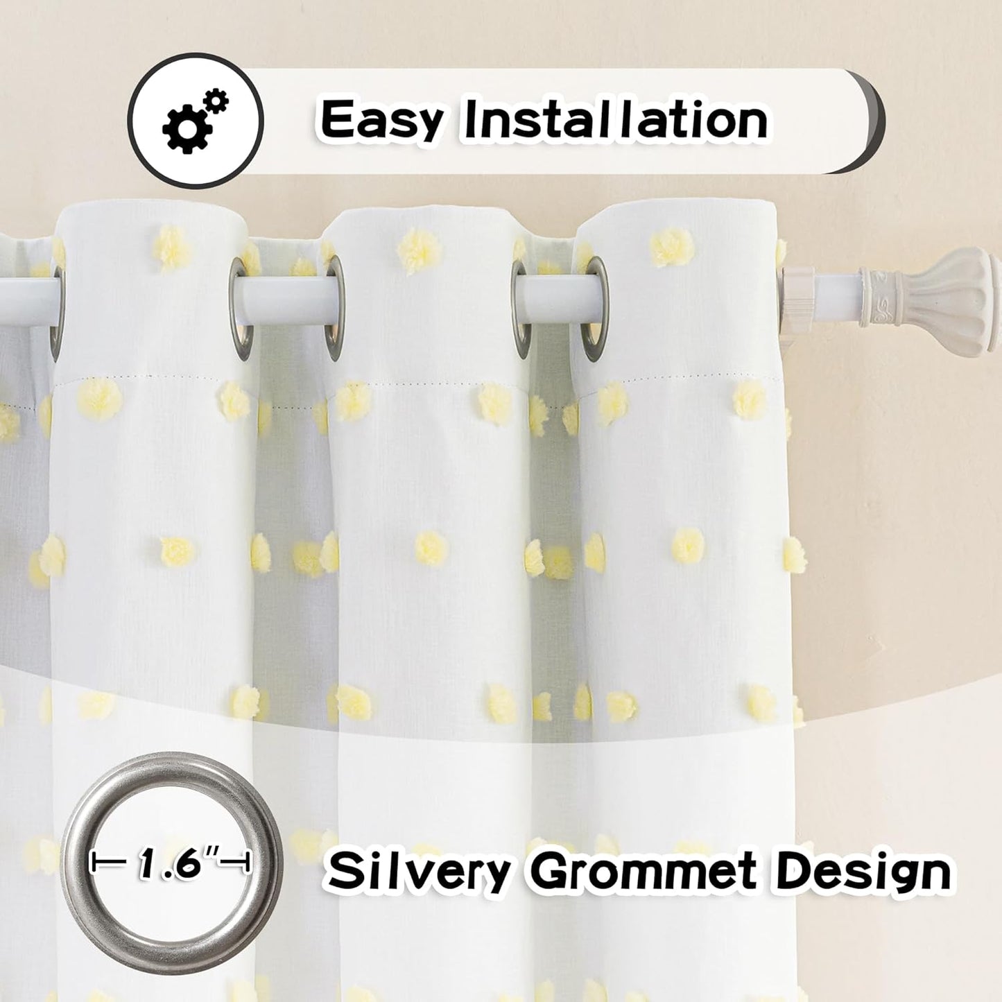 MYSKY HOME 100% Blackout Curtains for Girls Kids Bedroom Thermal Insulated 84 Inch Length Nursery Curtains 2 Panels Grommet Light Filtering Yellow Pom Pom Sheer Drapes for Dining Room, 52W x 84L