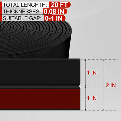 MYFAMIREA Door Weather Stripping 2IN (W) x 20FT (L) Door Draft Stopper Seal Tape Silicone Seal Strip Self Adhesive Shower Sweep Insulation Tape Side Bottom Strip for Sliding Glass Window Gap, Black