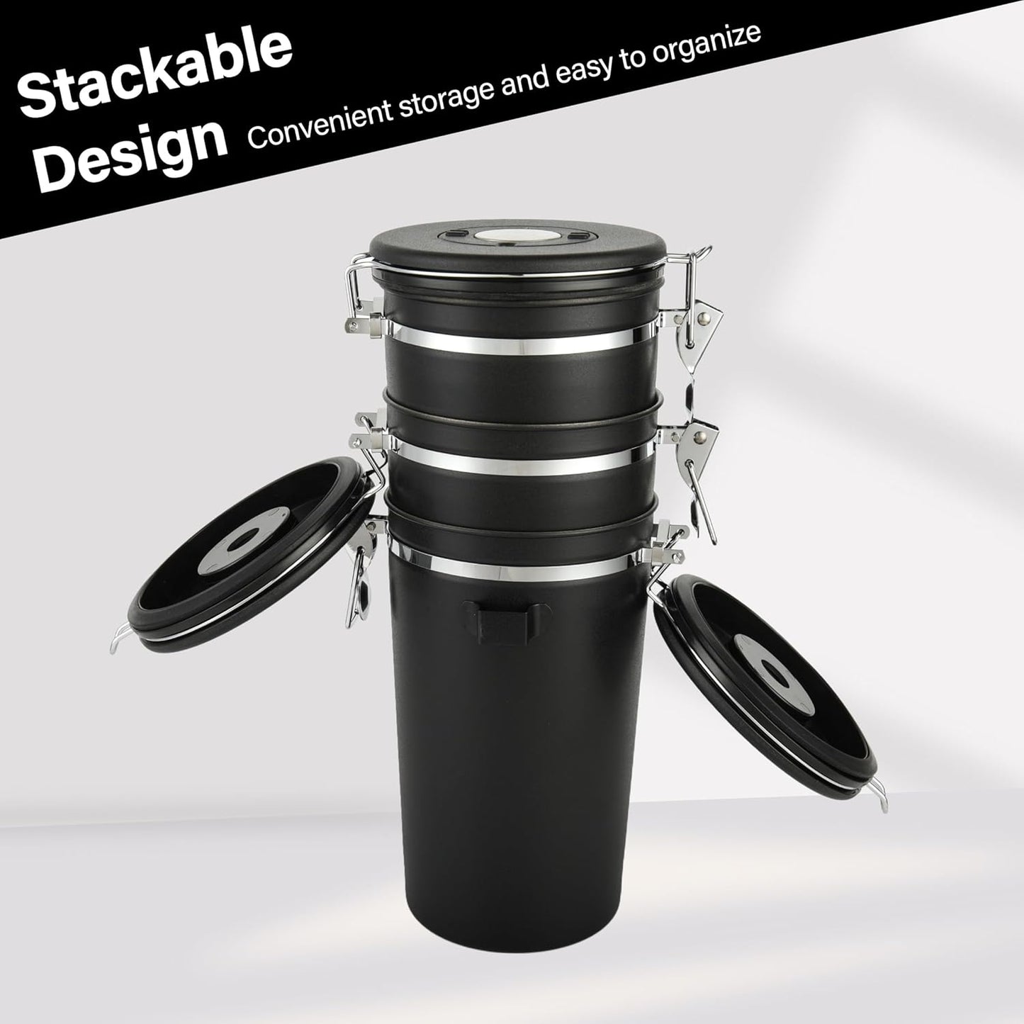 malmo Coffee Canister Set of 3, Airtight Coffee Container with Date Tracker Lid, Stainless Steel Canister for Kitchen Food Storage (Black, 180oz)