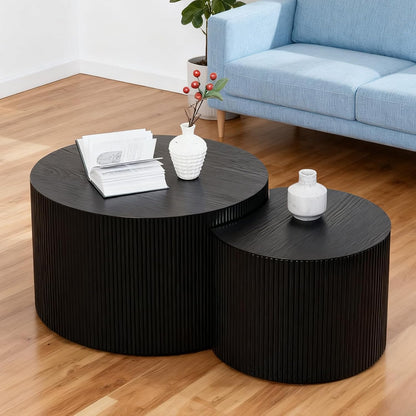 Round Nesting Coffee Table Set of 2 Small Round Coffee Tables for Living Room Modern Fluted Coffee Table Circular End Table Side Table for Small Spaces No Assembly (Black B, 27 in)