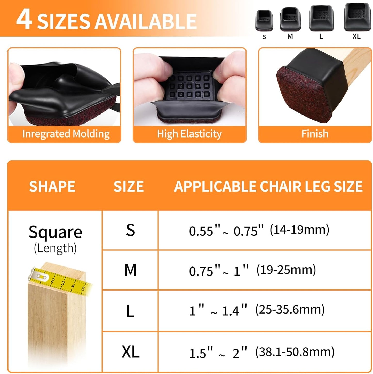 Ezprotekt 24 Pcs Extra Small Square Chair Leg Floor Protectors, Silicone Felt Furniture Pads, Dining Table Leg Caps Covers Protectors for Hardwood Floors No Scratches (S Fit: 0.55" - 0.75", Black)