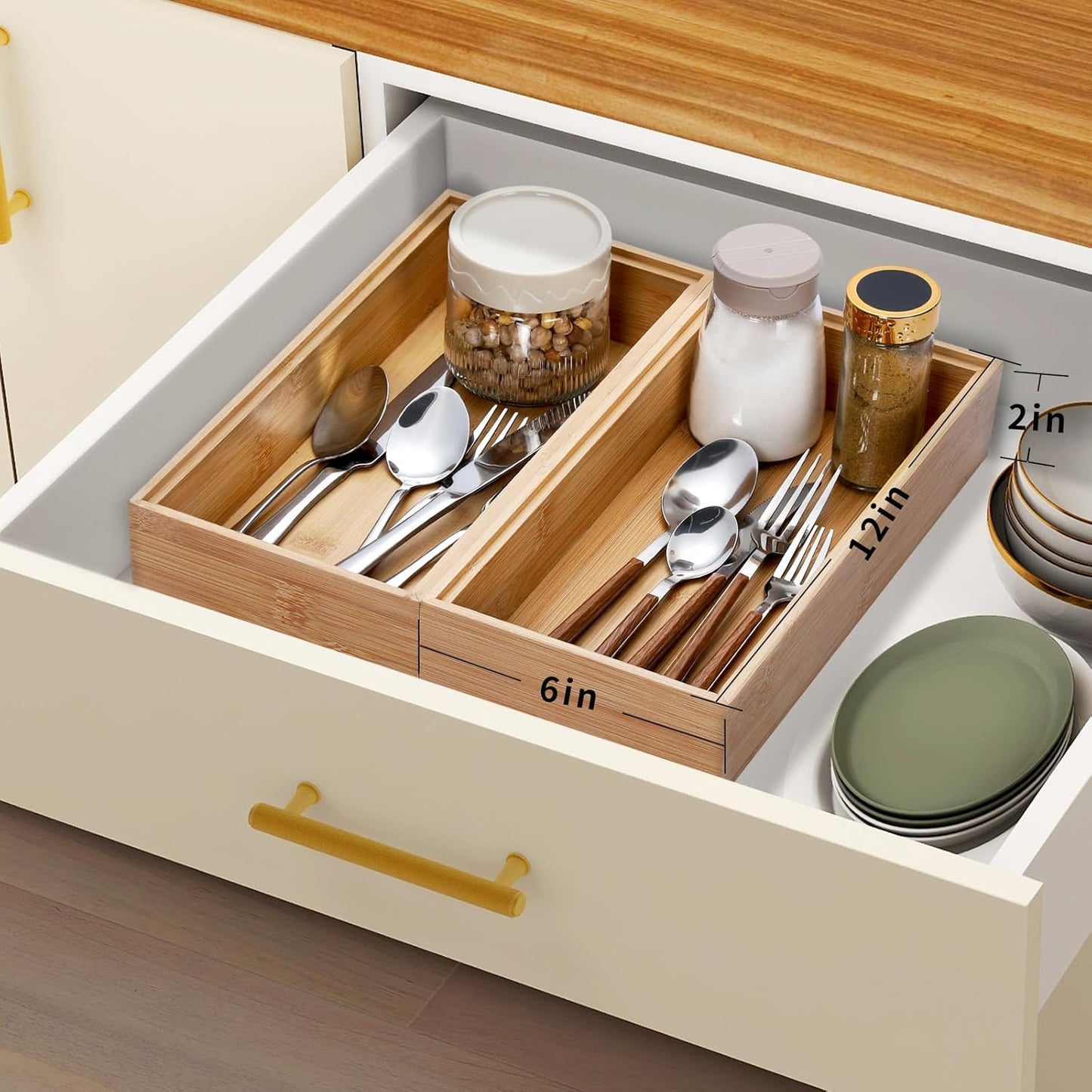 Bamboo Drawer Organizer, 2PCS Stackable Storage Boxes for Utensil Organizer, Wood Tray for kitchen, Bathroom and Bedroom 12" x 6" x 2"