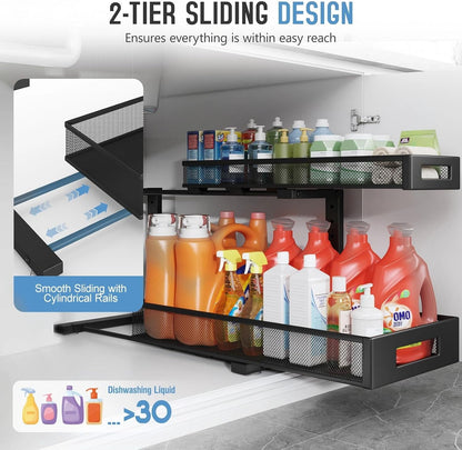 2 Pack 20.47IN Depth Under Sink Storage Organizer, Large 2-Tier Elegant Mesh Pull Out Shelf for Kitchen and Bathroom Cabinet Organization, L-Shaped and Adjustable Height Design-Black