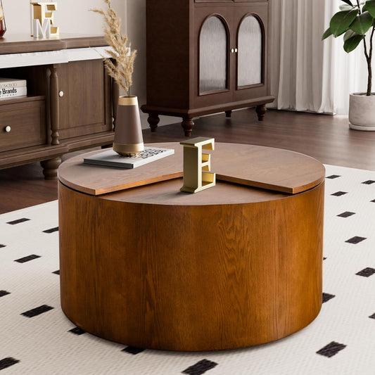 27.16" Drum Coffee Table with Storage Modern Unique Tea Table Contemporary Wood Round Coffee Table with Hidden Storage Centry Table for Living Room、Bedroom、 Office Walnut