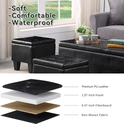 Storage Ottoman Set of 3, 38'' Button-Tufted Coffee Table Bench with 2pcs Nesting Foot Stools, for Living Room Couch, Bedroom, End of Bed (Black - PU Leather)
