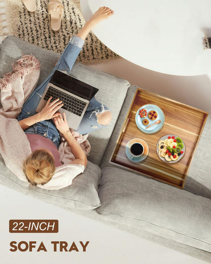 22 Inches Square Acacia Wood Ottoman Tray, Extra Large Wooden Serving Tray with Handles for Living Room, Serving Food Breakfast, Ottoman Coffee Table Couch Sofa Kitchen