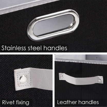 PRANDOM Larger Collapsible Storage Bins for Closet [5-pack] Decorative Linen Fabric Storage Baskets Cubes with Leather/Metal Handles for Living Room Black (17.3x12.2x10.4 Inch)