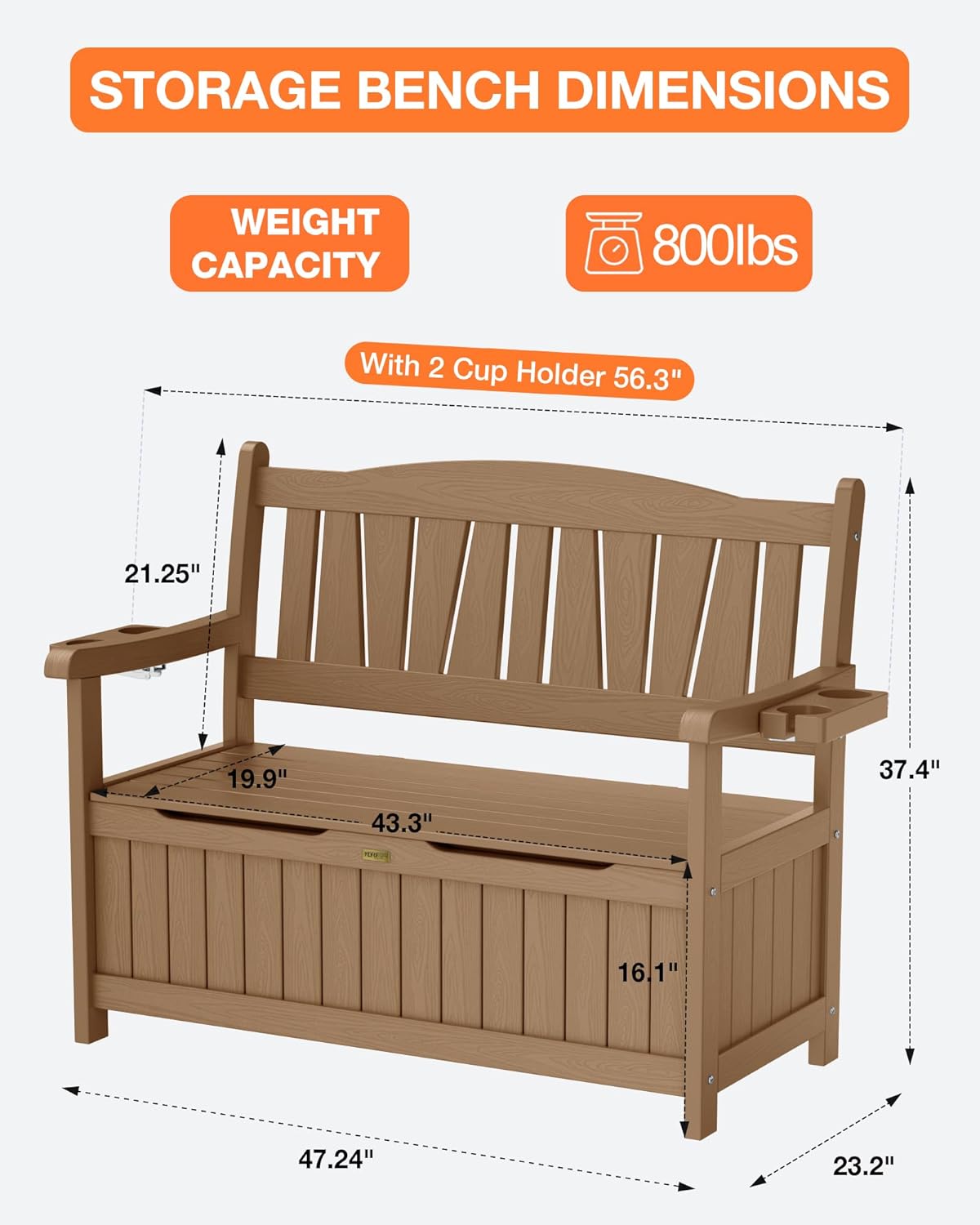 YEFU Outdoor Storage Bench for Patio: Heavy Duty Garden Bench with 96° High Backrest & Oversized Seating - HIPS Weatherproof Patio Bench with Storage for Porch Park Backyard, Teak