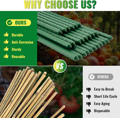 Premium Garden Stakes 58 Inch 5ft 25 Pack, Heavy Duty Tomato Plant Stakes for Outdoor Plants, Rust Resistant Metal Garden Poles and Sticks for Vegetables, Flowers, and Climbing Plants (green, 58 Inch)