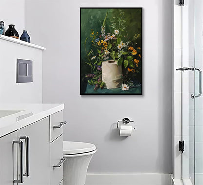 3Pcs Vintage Dark Green Bathroom Wall Art Shower Toilet Paper Roll Floral Poster Print Modern Farmhouse plants Painting Picture Wall Decor For Bathroom Living Room Decoration Unframed