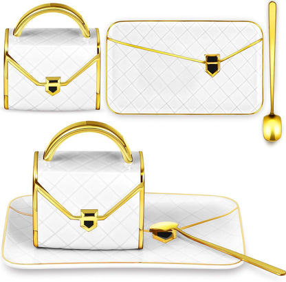 Zubebe 1 Set Coffee Mug Elegant Handbag Shaped Cup Modern Ceramic Purse Mug with Spoon and Saucer, 10oz Cute Creative Tea Cup for Office Home Woman Girls Gift (White)