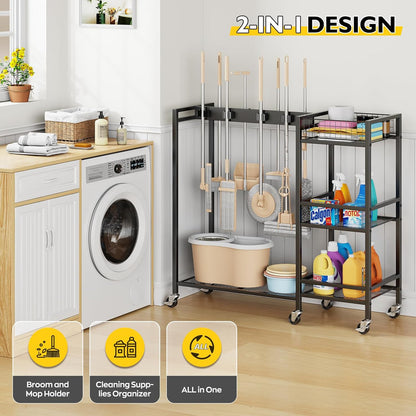 Broom Holder with Cleaning Supplies Organizer, Movable Broom Closet Storage Cabinet with Cleaning Caddy, Cleaning Cart with Mop Rack, Janitorial Housekeeping Cart on Wheels, Laundry Room Organization