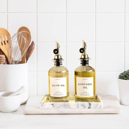 Olive Oil Dispenser Bottle For Kitchen With Silicone Tray & 40 Labels, Soy Sauce Dispenser, Coffee Syrup Dispenser, Olive Oil Bottles Set Of 2, Gold