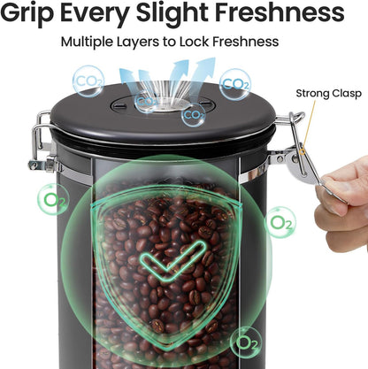 Veken Coffee Canister, 39OZ Large, Airtight Stainless Steel Food Storage Container for 2.2lbs Coffee Beans, Ground, Sugar, Tea, Flour, Rice, Cereal, Cookies Jars, Bar Accessories & Gifts, Black