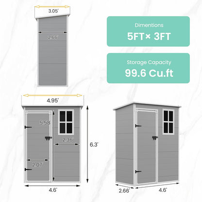 UDPATIO Outdoor Storage Shed 5x3 FT, Plastic Garden Shed for Bike, Garbage Can, Tool, Outside Sheds & Outdoor Resin Shed with Lockable Door for Backyard, Patio, Lawn, Grey & White