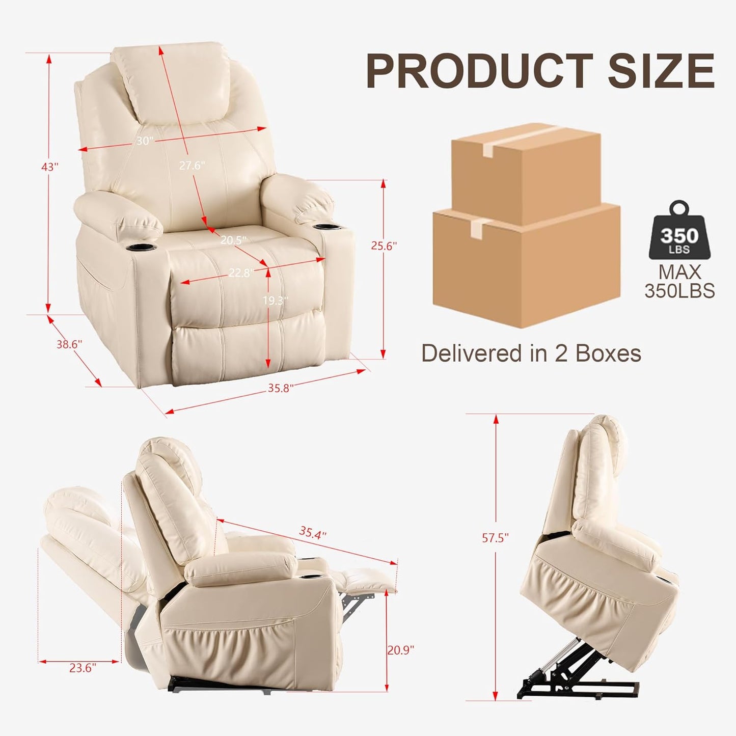 SALOHZA Power Lift Recliner Chair for Elderly with Massage and Heat for Living Room, Electric Recliner Chair for Adults with USB/Type C Port/Cup Holders, PU Faux Leather, Cream White