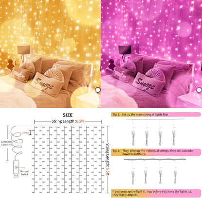 suddus Color Changing Curtain Lights, 200 Led 6.5ft x 6.5ft Hanging String Lights Outdoor, Fairy Curtain Lights for Bedroom, Window, Wall, Wedding, Party, Birthday Decor Warm White & Fuchsia