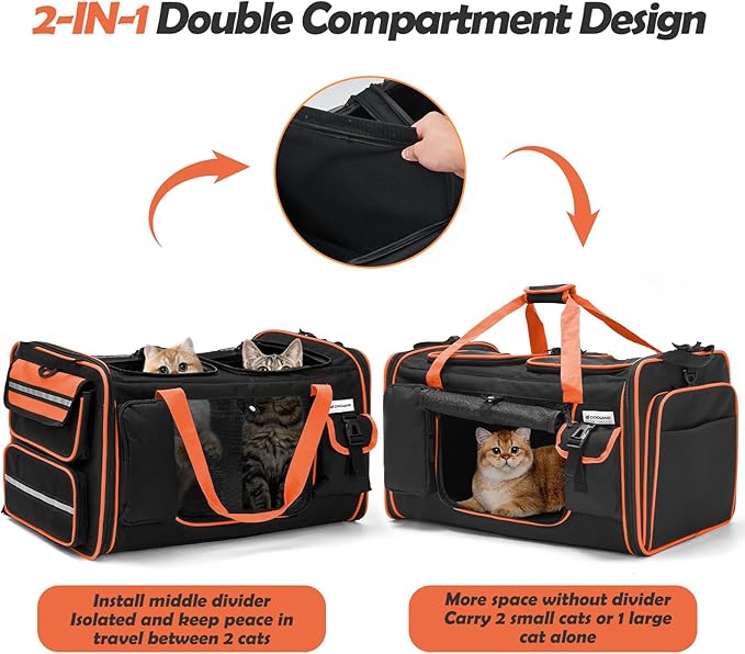 Expandable Extra Large Cat Carrier for 2 Cats with Litter Box for Kitten, Large Cat Small Dog Pet - Collapsible Double Cat Large Pet Carrier for Car Travel Outdoor Camping