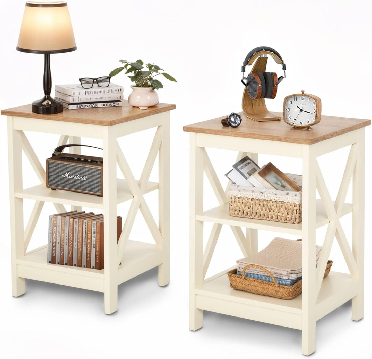 ALPHA HOME Side Table, Farmhouse End Table Set of 2, Bedside Table 3-Tier Storage Shelf for Small Spaces, Sofa Couch Table, Coffee Table, Nightstands Set for Living Room, Bed Room, Ivory