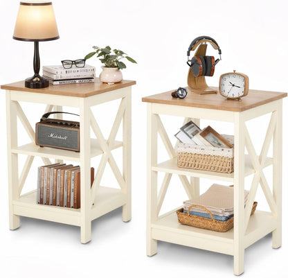 ALPHA HOME Side Table, Farmhouse End Table Set of 2, Bedside Table 3-Tier Storage Shelf for Small Spaces, Sofa Couch Table, Coffee Table, Nightstands Set for Living Room, Bed Room, Ivory