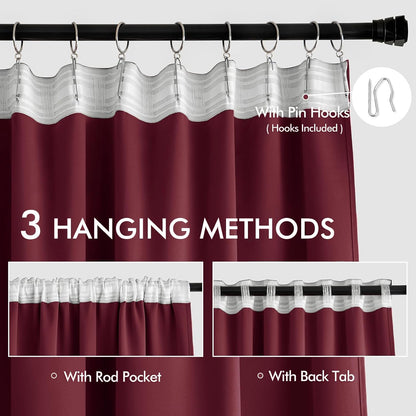 MIULEE Wine Red Back Tab Blackout Curtain 96 Inch Long 2 Panels Set for Bedroom, Rod Pocket/Pinch Pleat Thermal Insulated Living Room Darkening Pleated Light Blocking Floor to Ceiling Drape