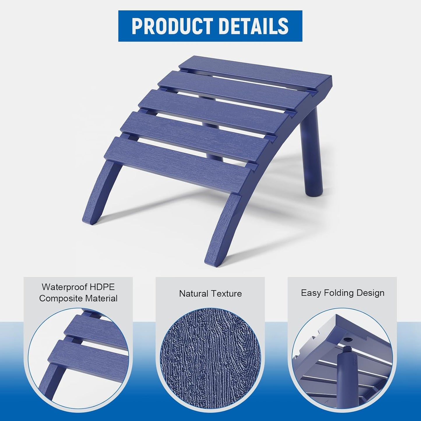 Adirondack Ottoman, HDPE Plastic Adirondack Footstool, All Weather Foot Rest for Adirondack Chair, Outdoor Footrest for Patio,Backyard, Lawn, Fire Pits, Navy Blue