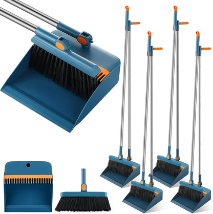 Suclain 4 Set 8 Pcs Broom and Dustpan Set 47 Inch Long Handle Brooms for Sweeping Indoor Household Dustpans for Indoor Outdoor Kitchen Floor(Blue)