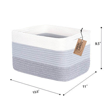 COMFY-HOMI Cotton Rope Woven Basket with Handles for Shelves,Toys,Book, Cloth Storage Baskets Bin for Organizing-13.5"x11"x9.5" Toy Decorative Organizer for Living Room, Bathroom-White/3Tone Grey