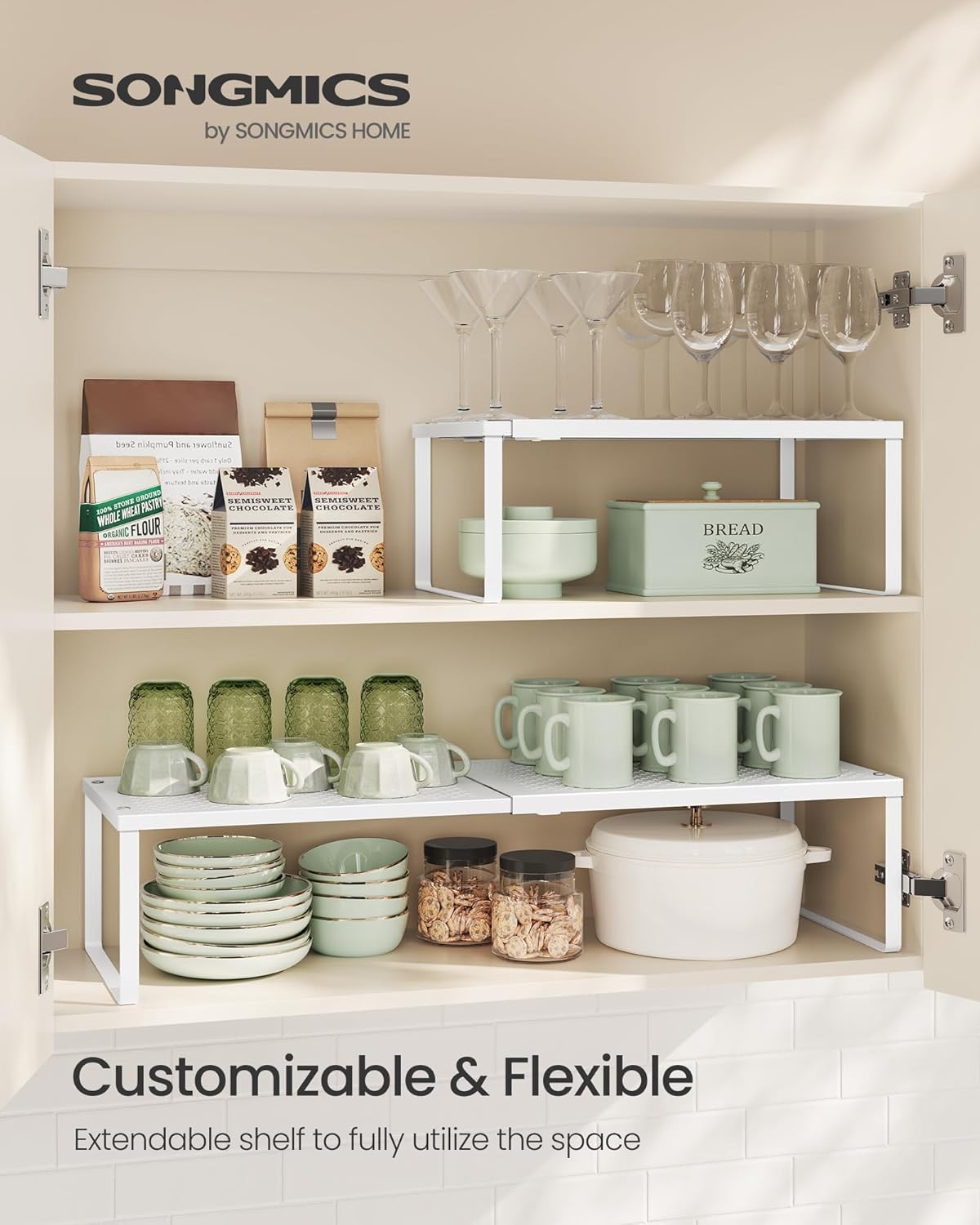 SONGMICS Spice Racks, Set of 2 Expandable Kitchen Countertop Shelves, Small Cupboard Organizers, Metal, Space-Saving Tabletop Shelves, Matte White UKCS402W01