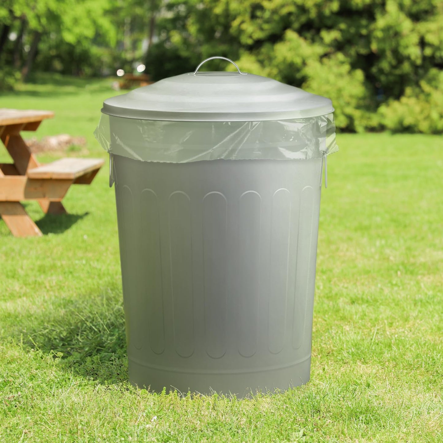 Plexon Round Trash Can 13 Gallon, Vintage Metal Outdoor Trash Can with Lid, Retro Farmhouse Garbage Container, Old School Modern Ash Bucket, Gray 2 Pack