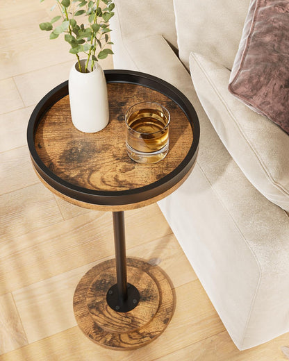 Masupu Drink Table, Round Side Table for Small Spaces, Pedestal Small End Table with Metal Base, for Living Room, Bedroom, Bathroom, Rustic Brown+Black(Lip)