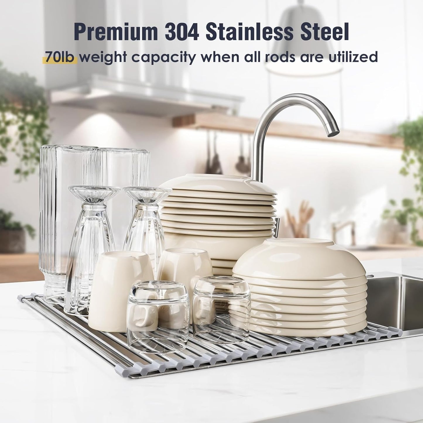 Tomorotec 21" x 15.5" Roll Up Dish Drying Rack Over Sink Drying Rack Sink Cover Kitchen Sink Accessories Gadget Multipurpose Organizer Foldable Stainless Steel Drainer